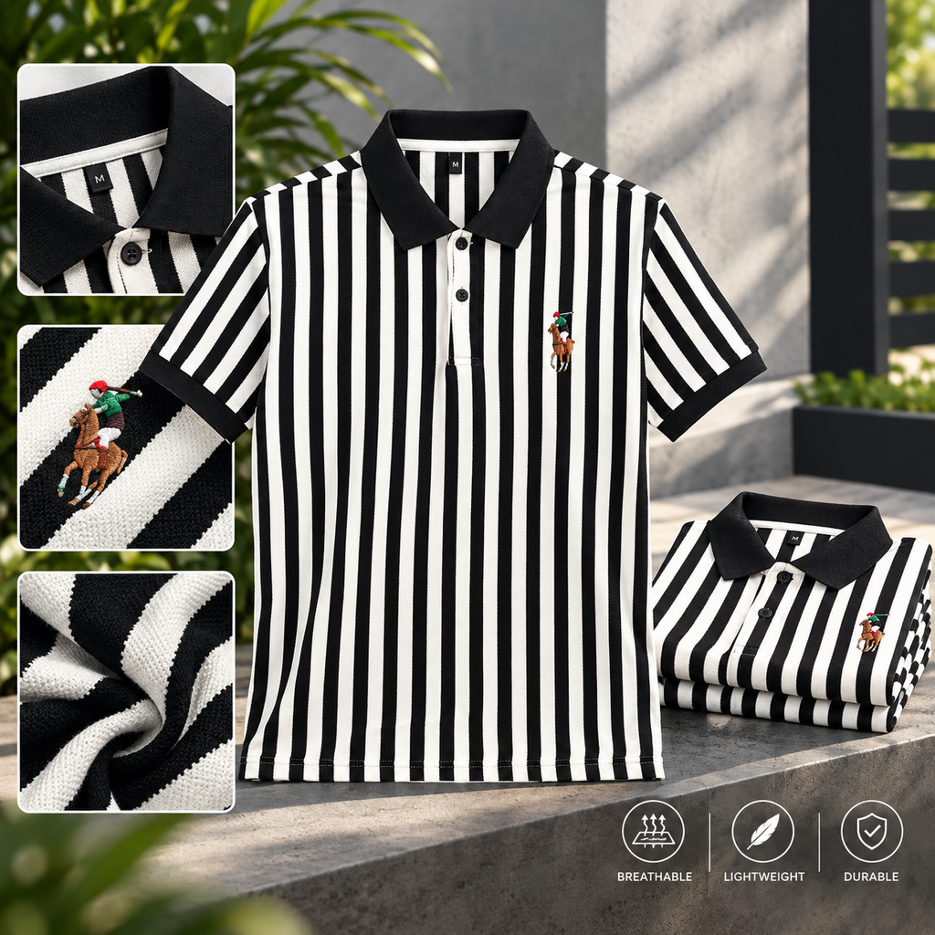 Men's Black & White Vertical Striped Polo Shirt