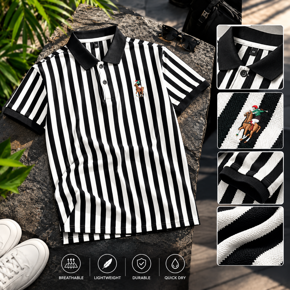 Men's Black & White Vertical Striped Polo Shirt