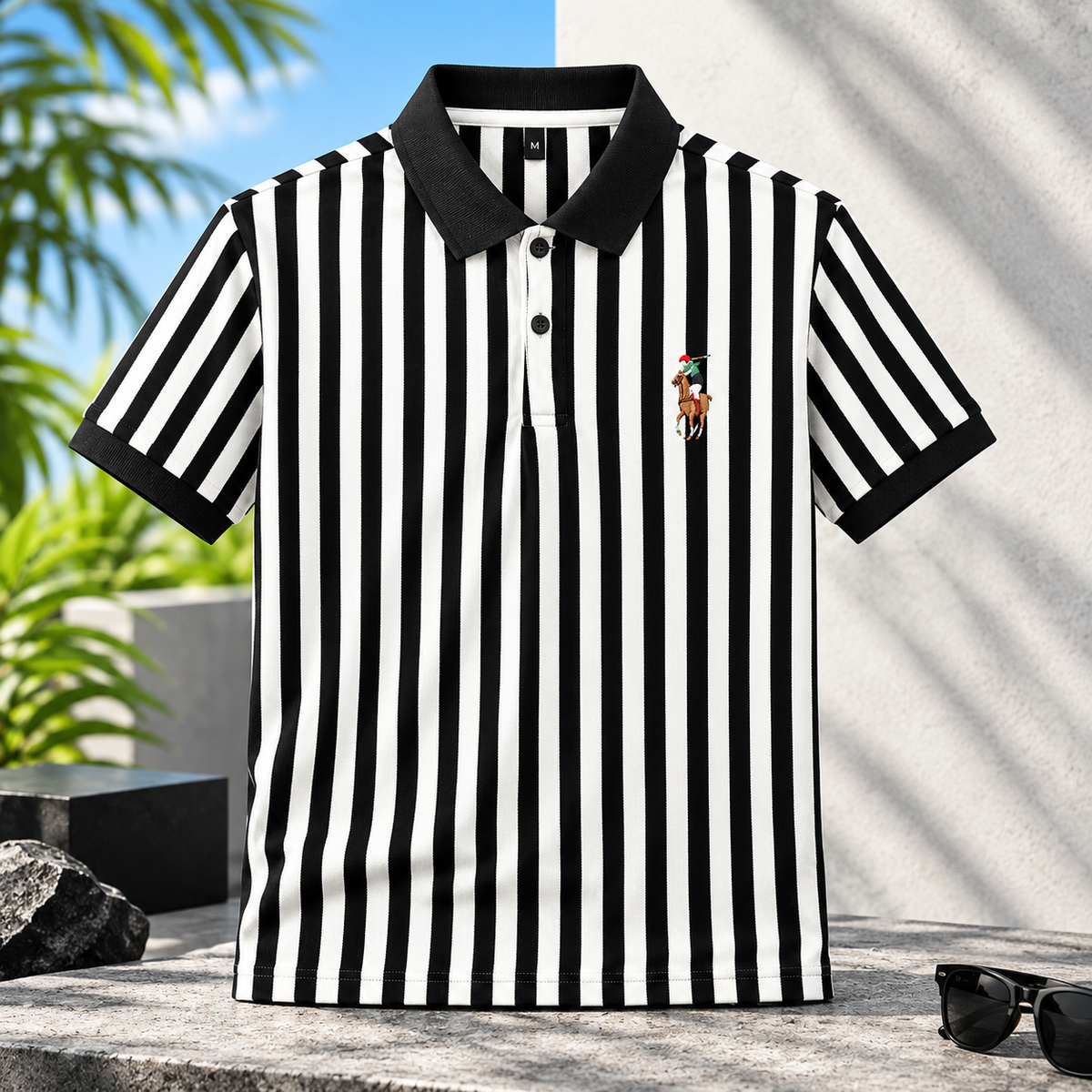 Men's Black & White Vertical Striped Polo Shirt