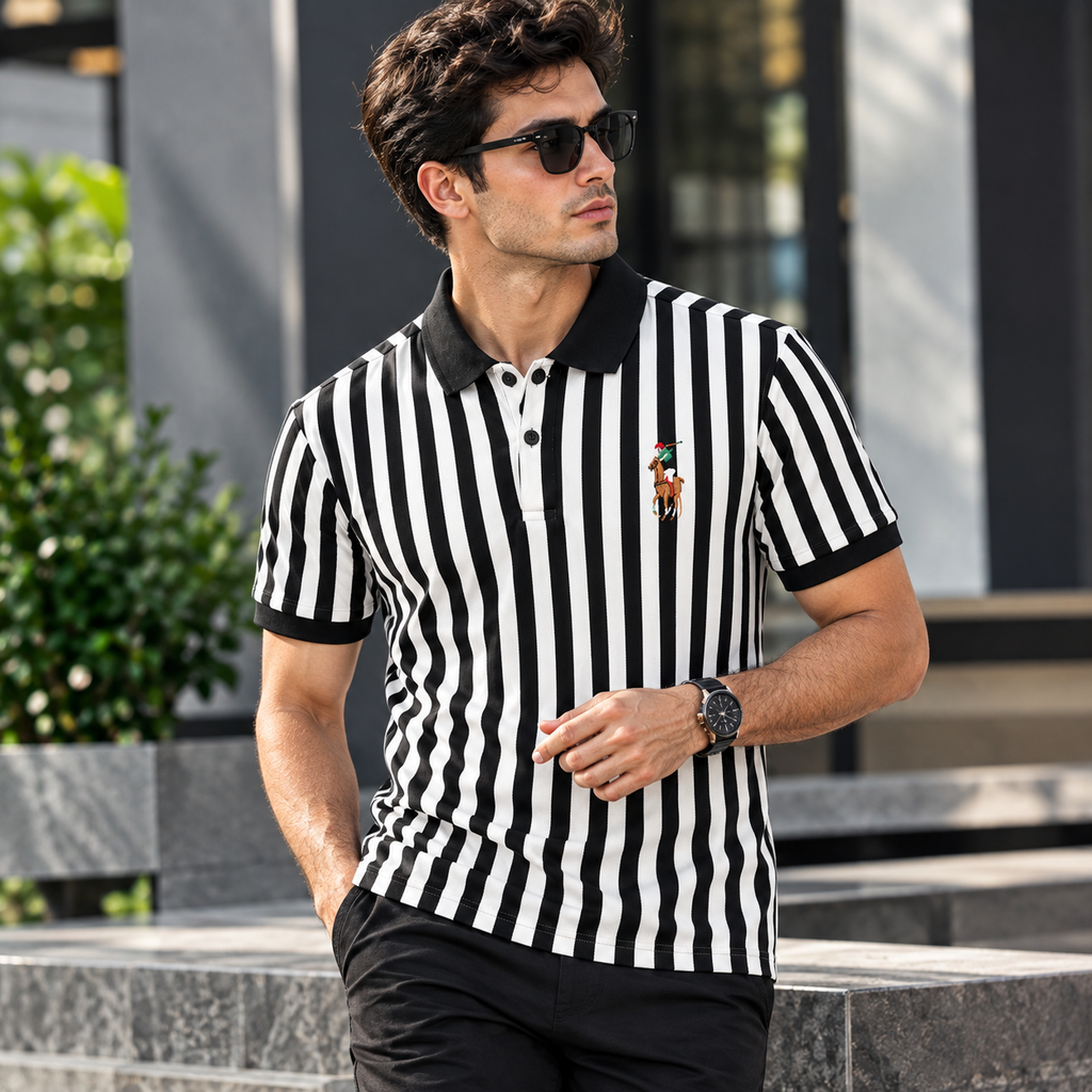 Men's Black & White Vertical Striped Polo Shirt