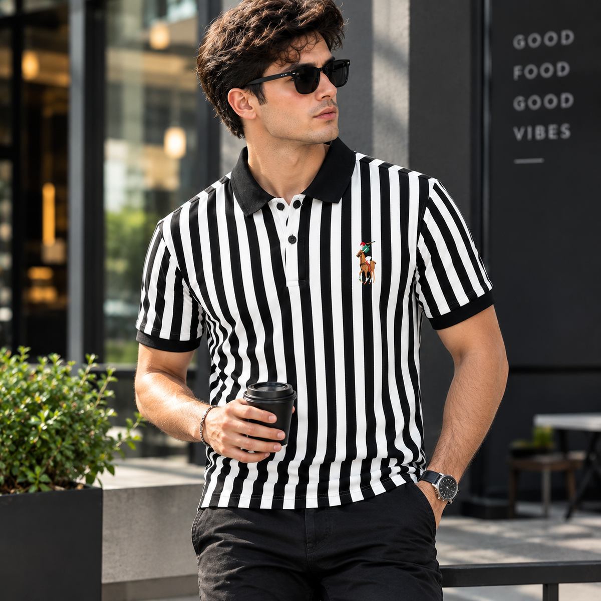 Men's Black & White Vertical Striped Polo Shirt