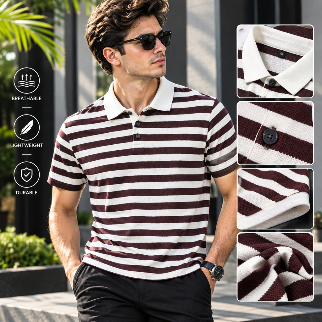 Men's White & Burgundy Striped Polo Shirt