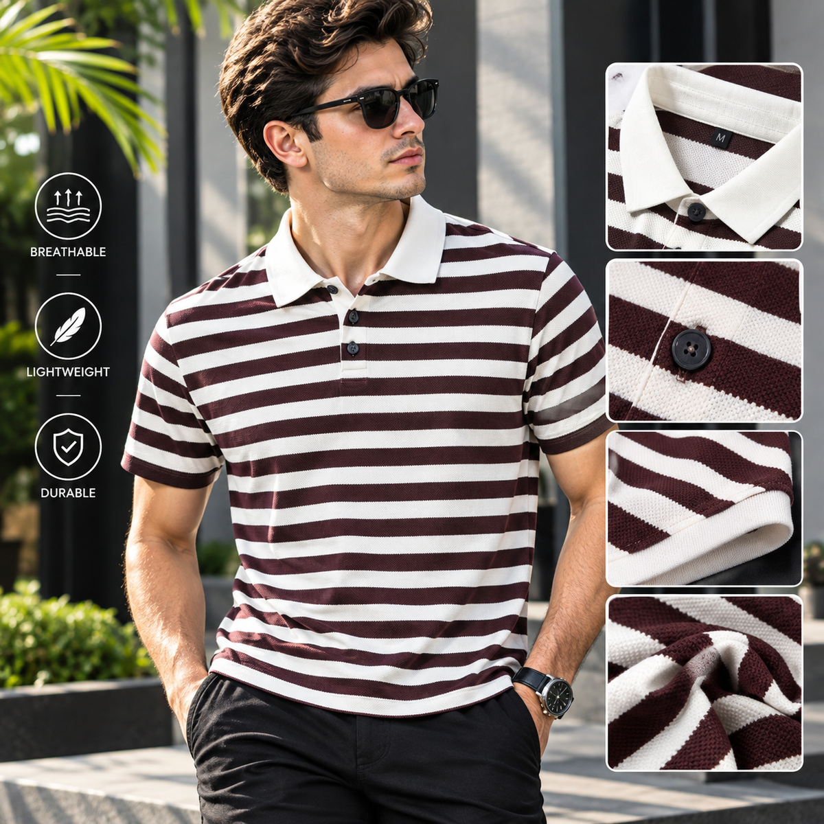 Men's White & Burgundy Striped Polo Shirt