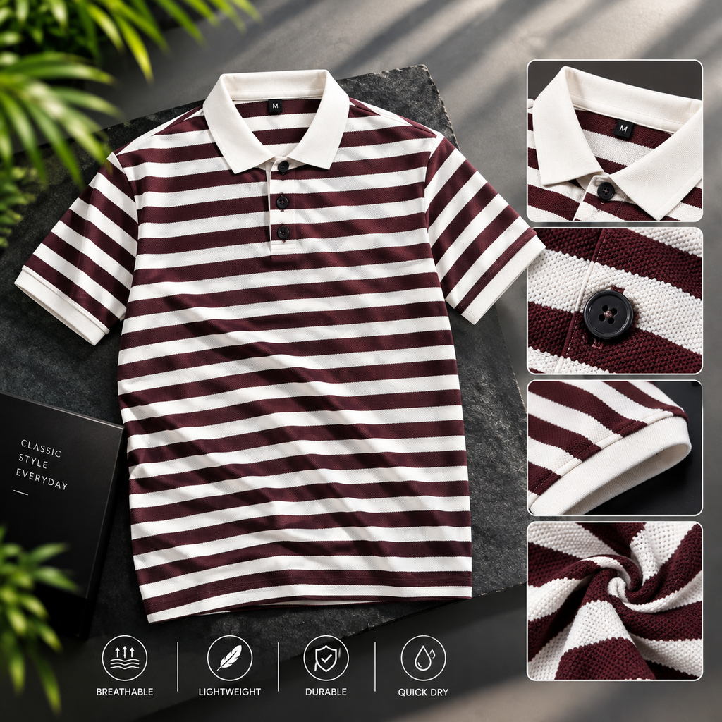 Men's White & Burgundy Striped Polo Shirt