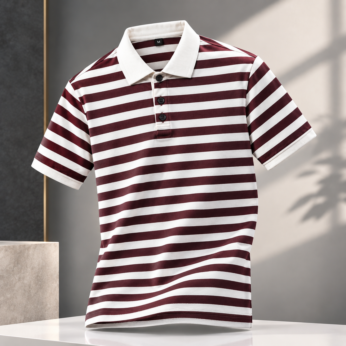 Men's White & Burgundy Striped Polo Shirt