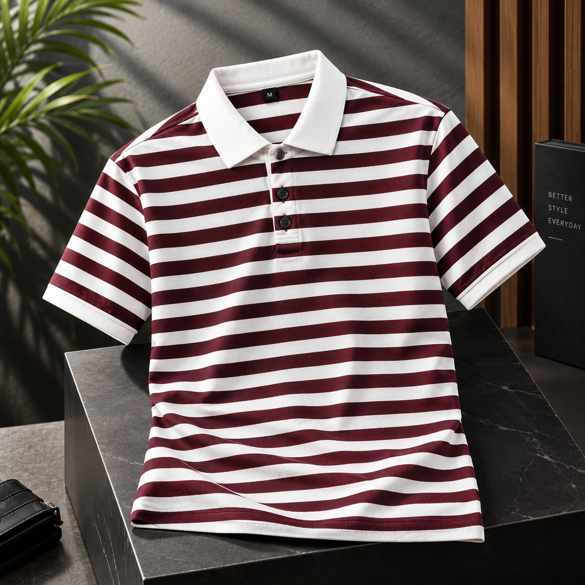 Men's White & Burgundy Striped Polo Shirt