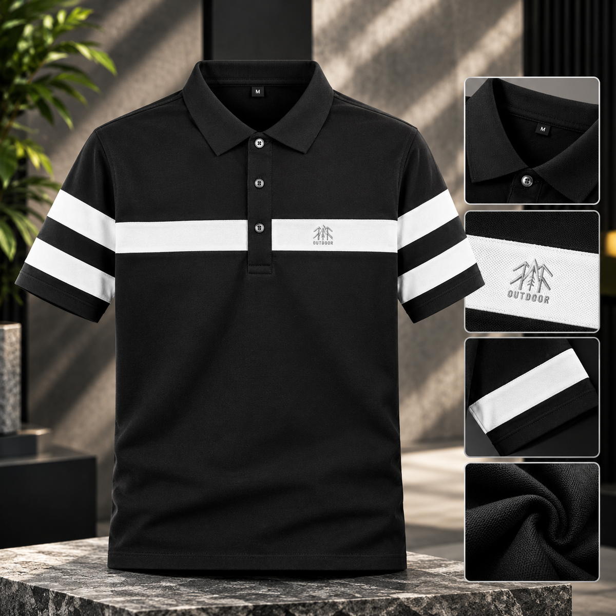 Men's Black & White Stripe Polo Shirt
