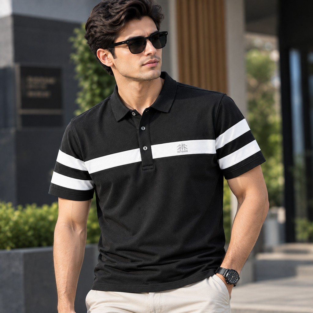 Men's Black & White Stripe Polo Shirt