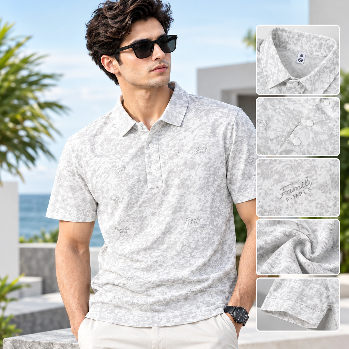 Men's White & Grey Printed Polo Shirt