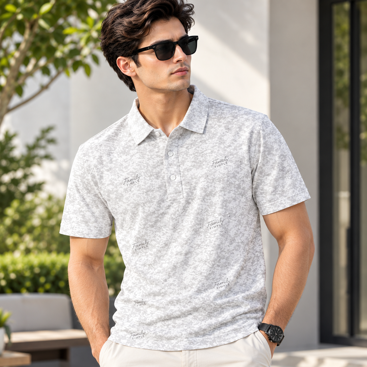 Men's White & Grey Printed Polo Shirt