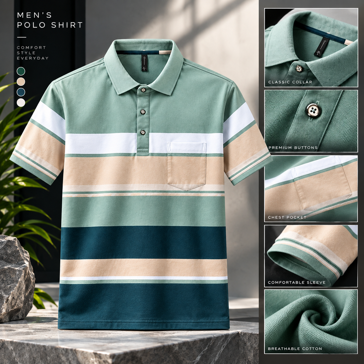 Men's Green & Cream Striped Polo Shirt