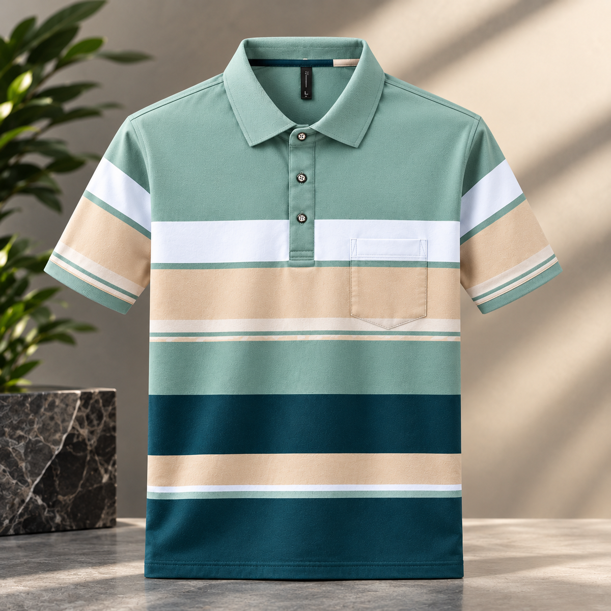Men's Green & Cream Striped Polo Shirt