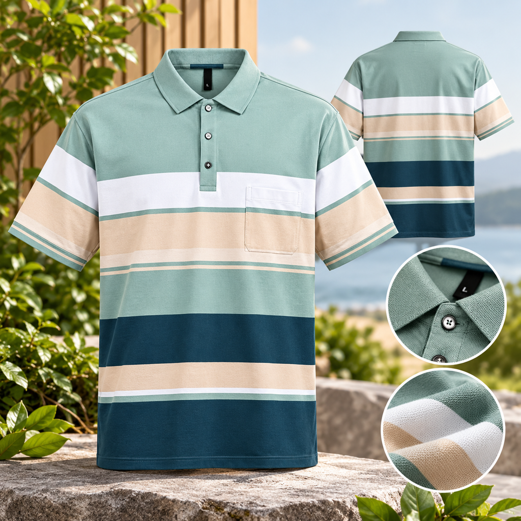 Men's Green & Cream Striped Polo Shirt