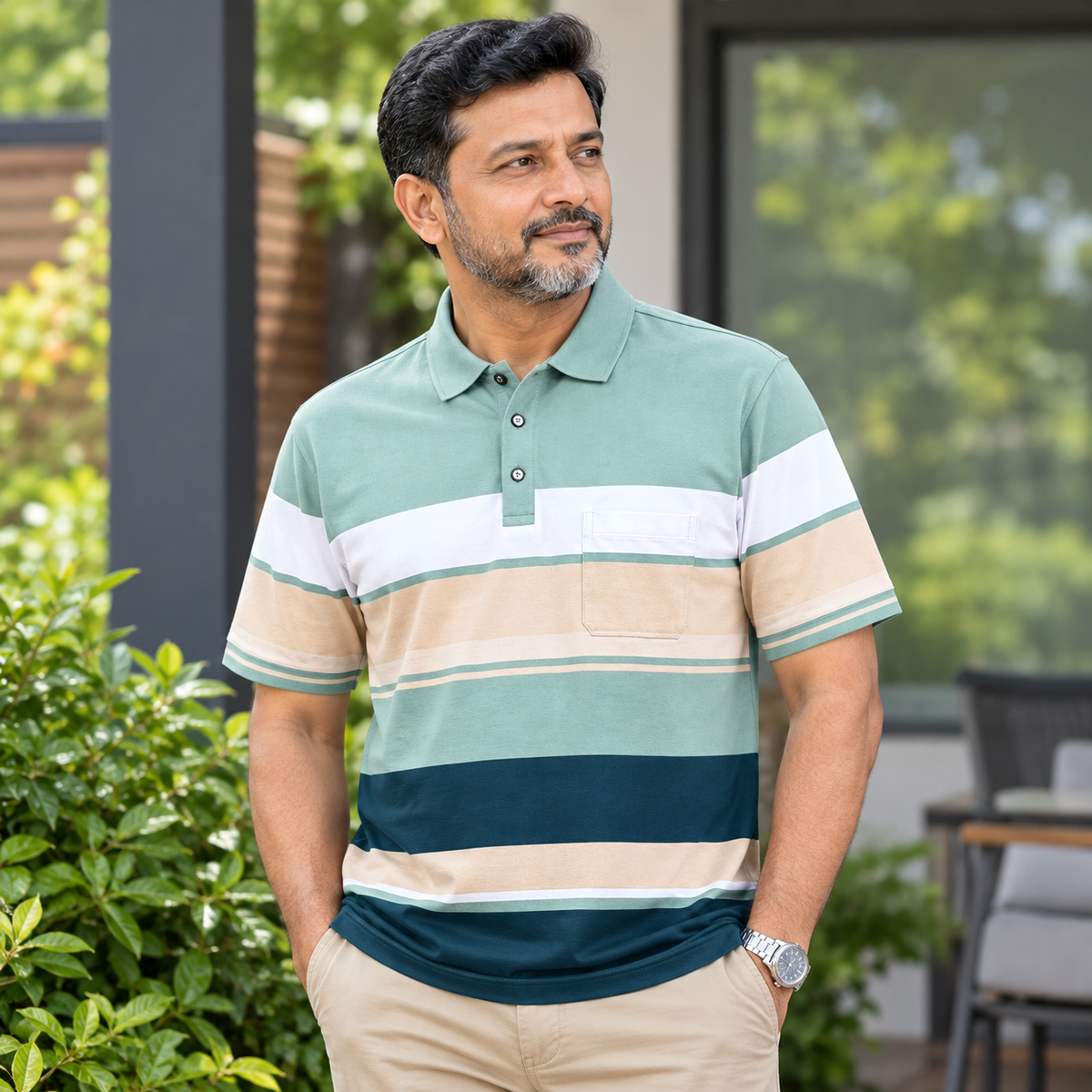 Men's Green & Cream Striped Polo Shirt