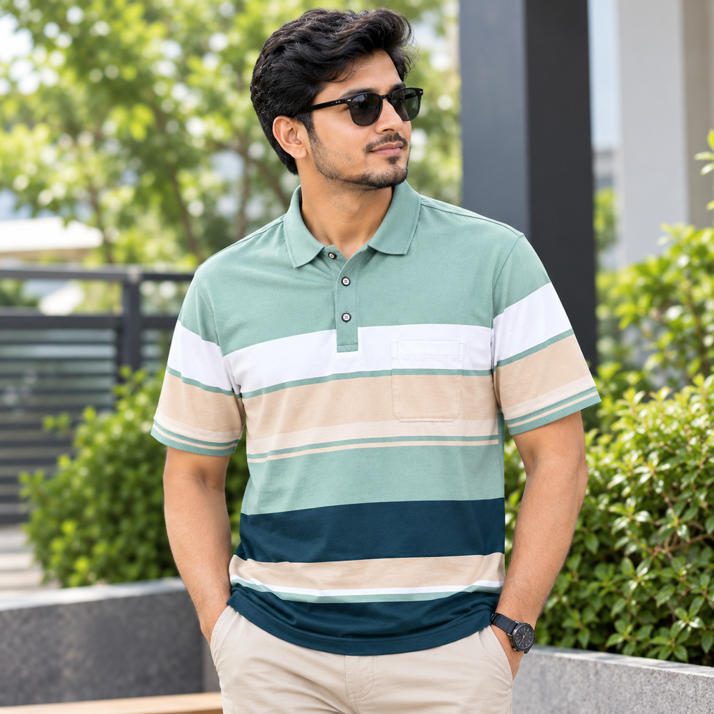 Men's Green & Cream Striped Polo Shirt