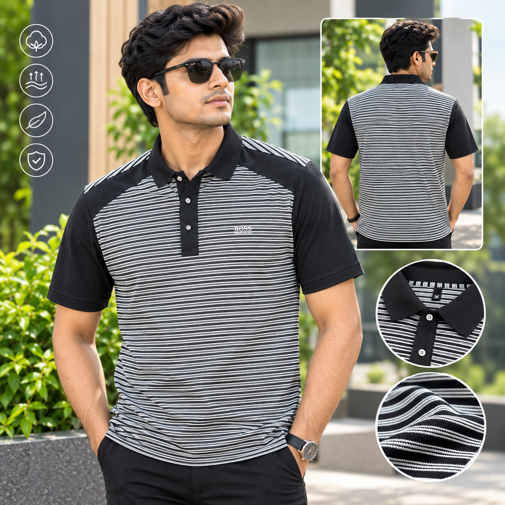 Men's Black & White Striped Polo Shirt