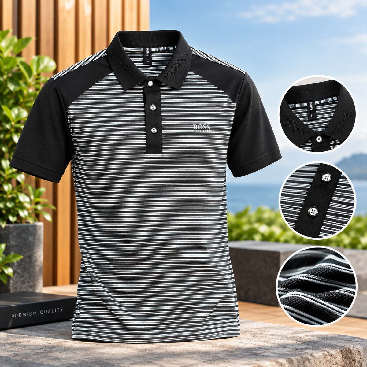 Men's Black & White Striped Polo Shirt