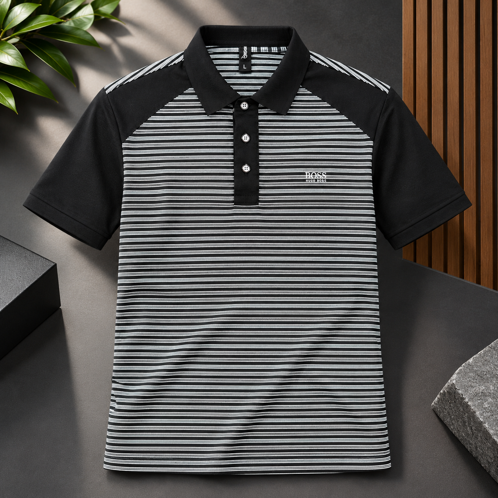 Men's Black & White Striped Polo Shirt