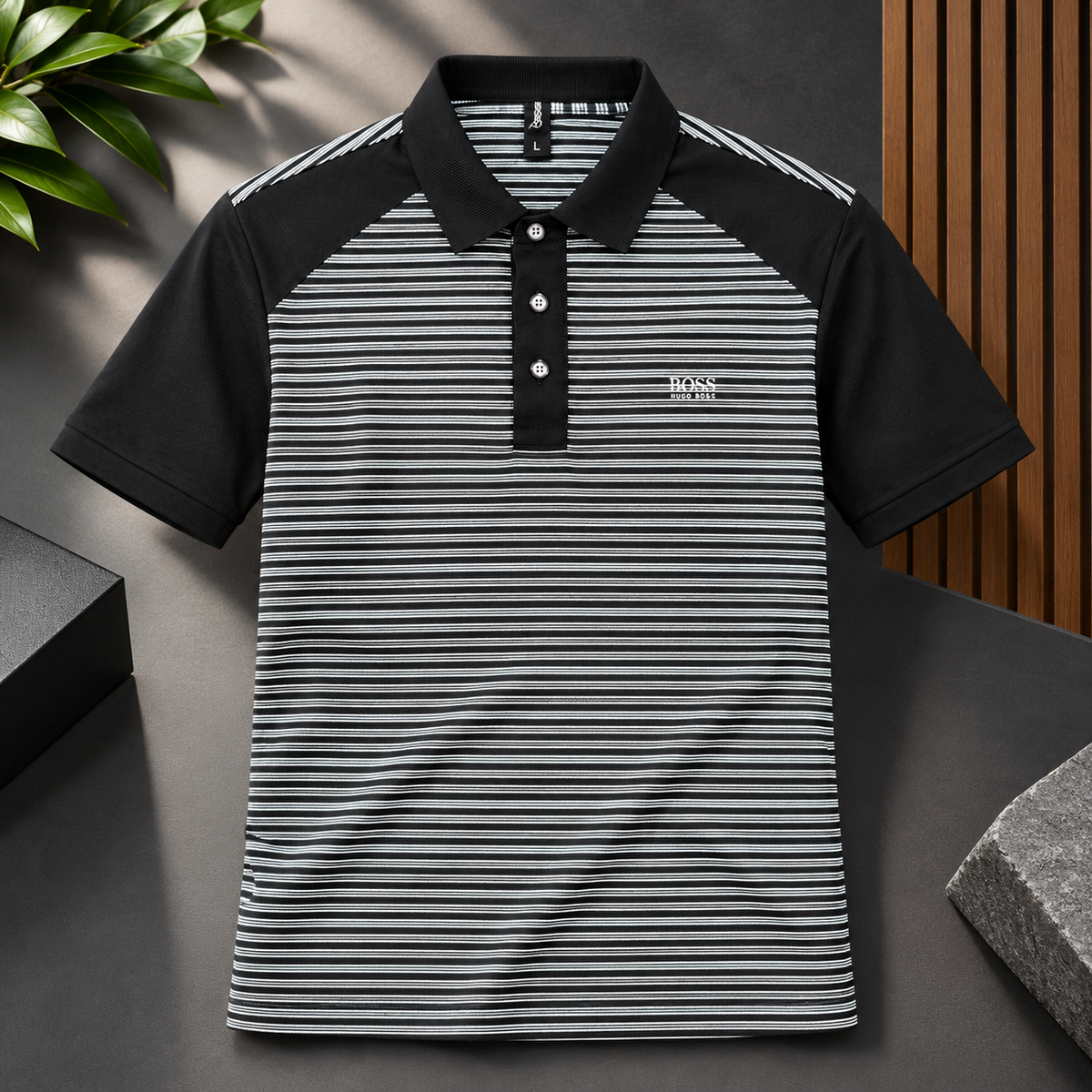 Men's Black & White Striped Polo Shirt
