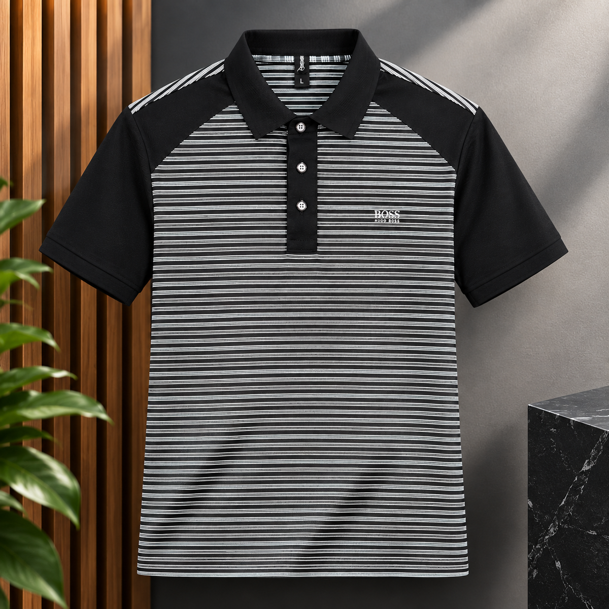 Men's Black & White Striped Polo Shirt
