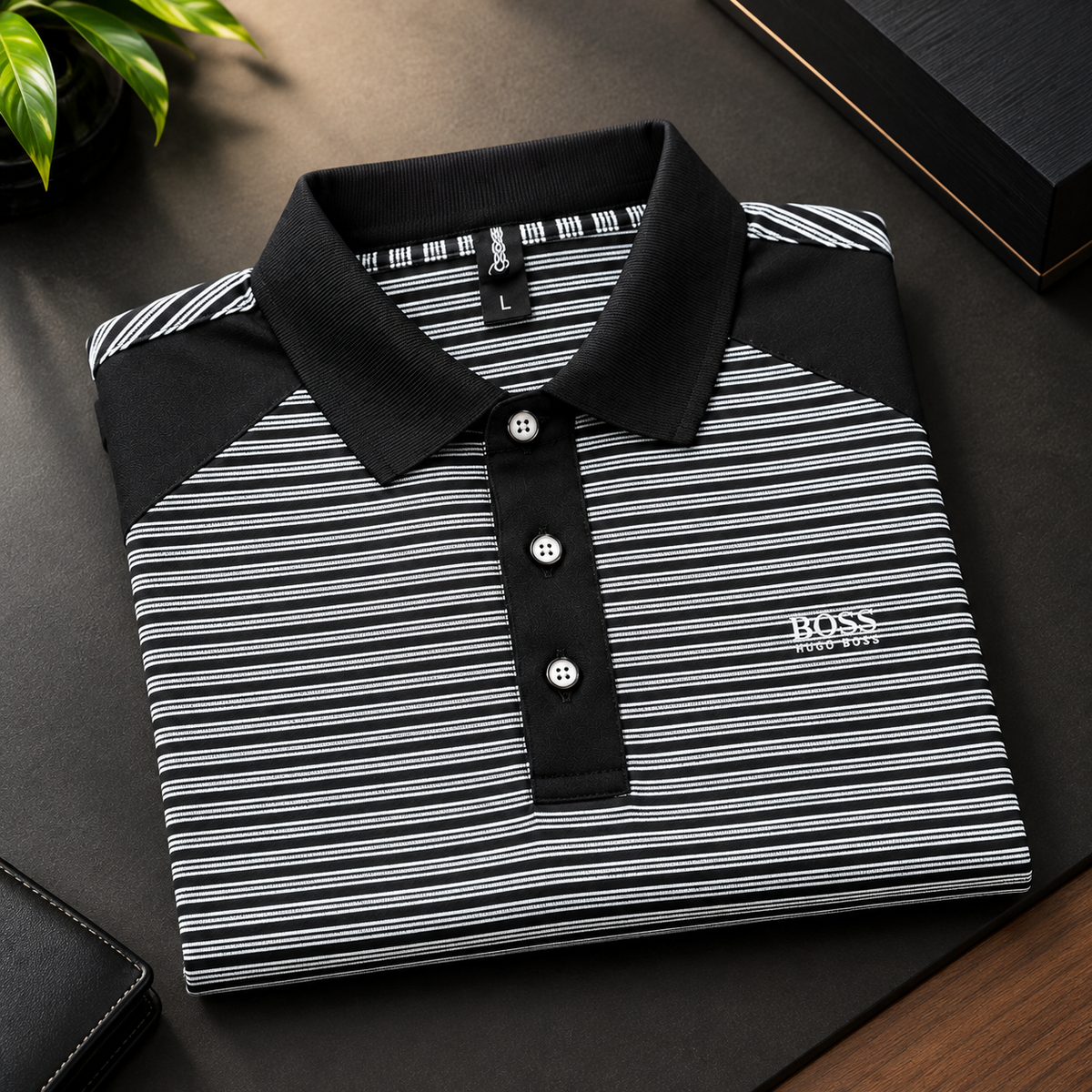 Men's Black & White Striped Polo Shirt