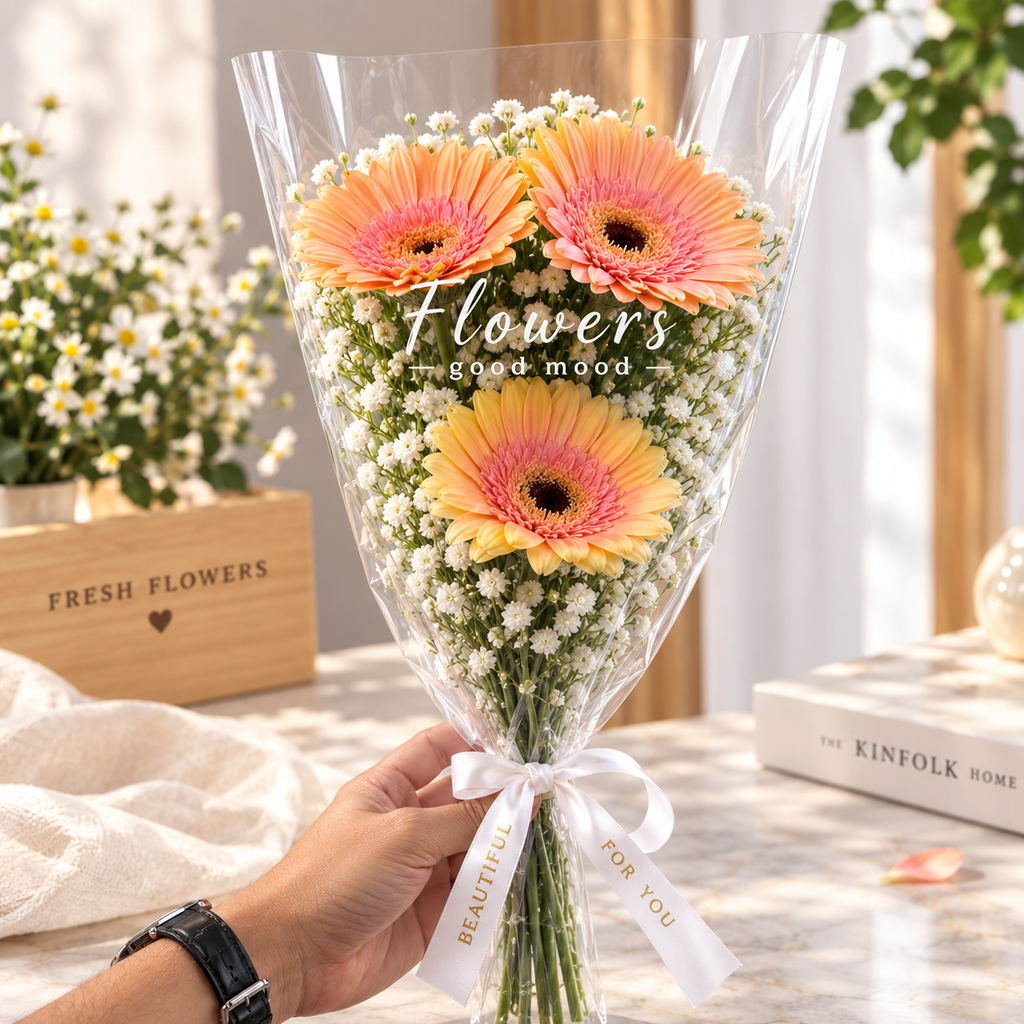 Peach Gerbera Bouquet with Baby’s Breath
