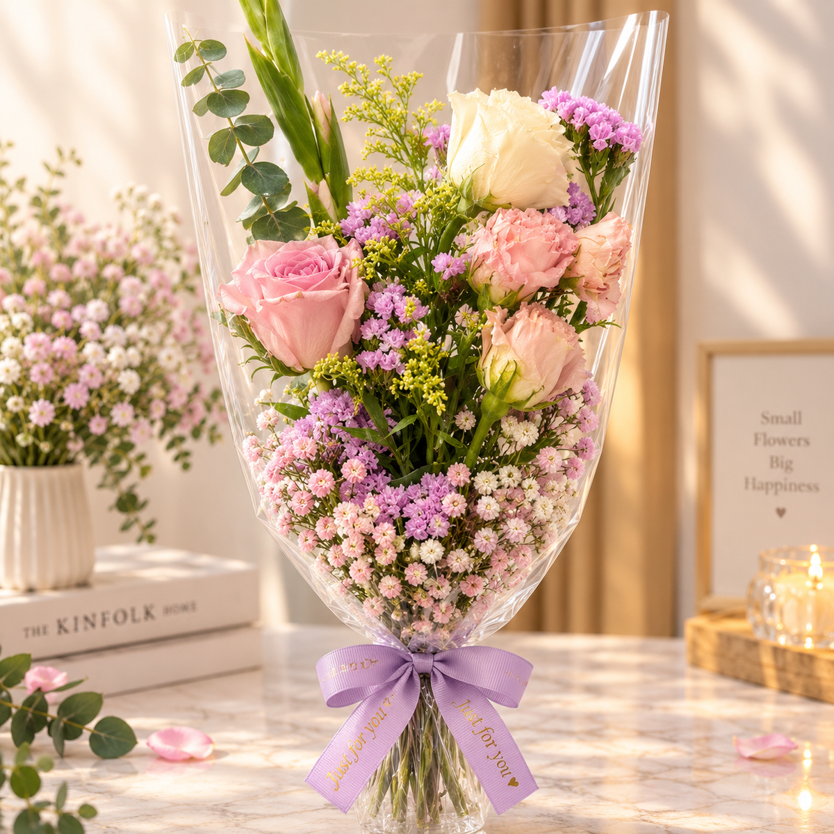 Pastel Bouquet with Lavender Ribbon