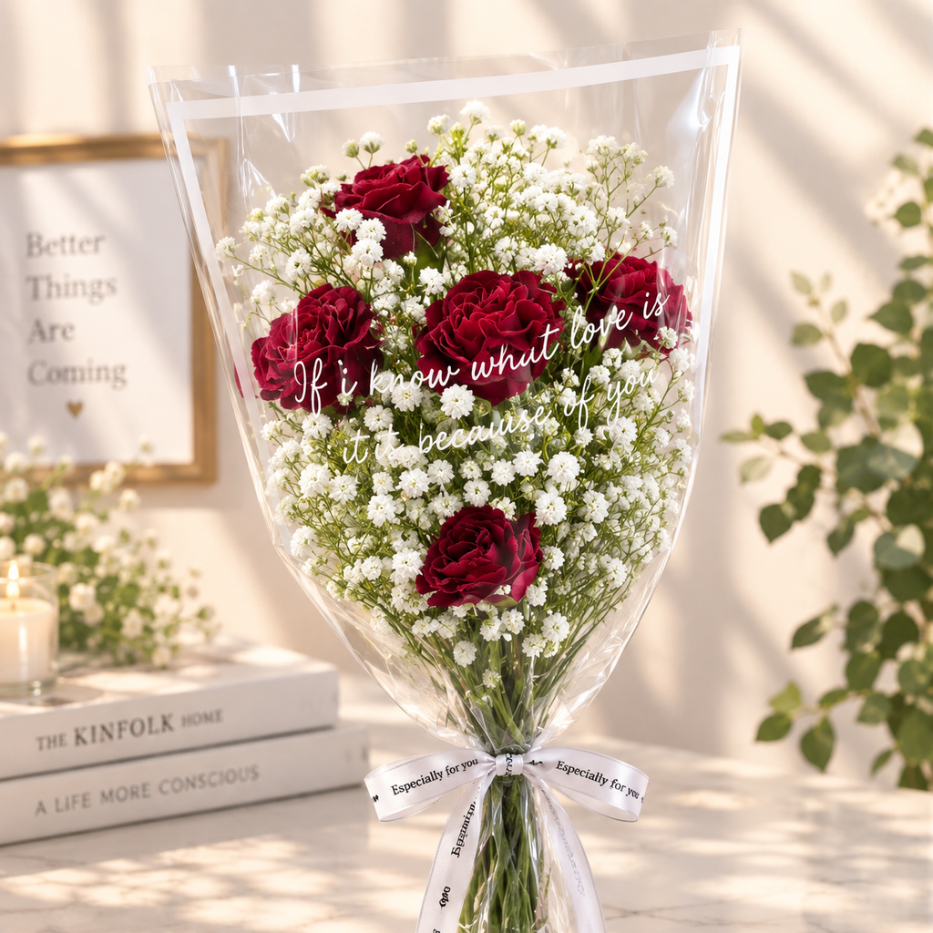 Romantic Burgundy Rose Bouquet with Baby’s Breath