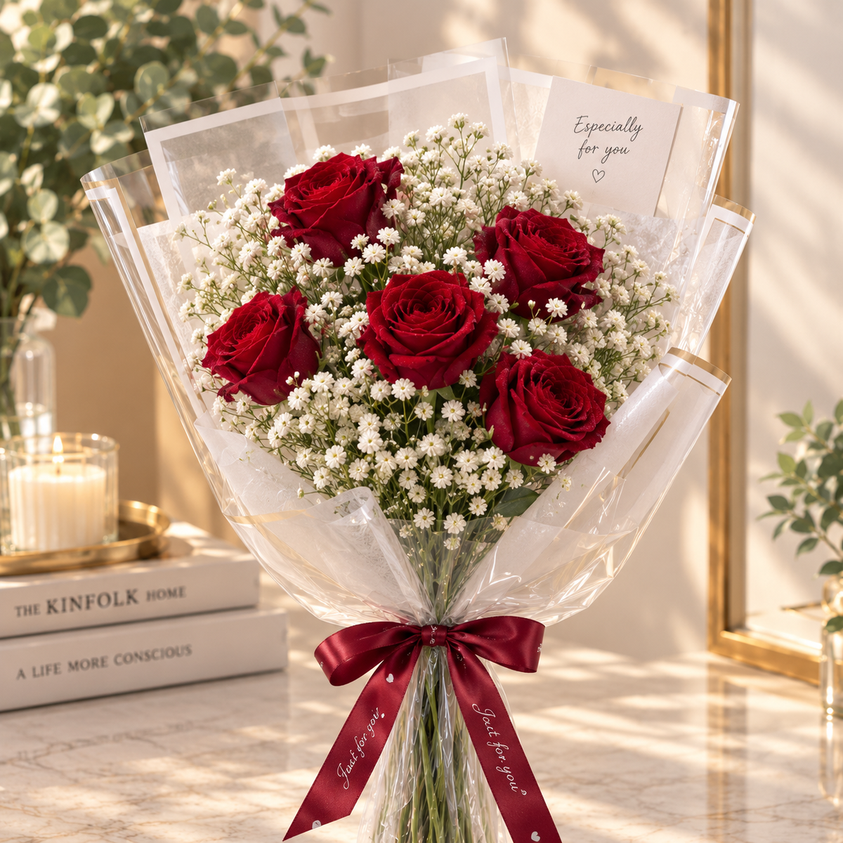 Romantic Burgundy Rose Bouquet with Baby’s Breath