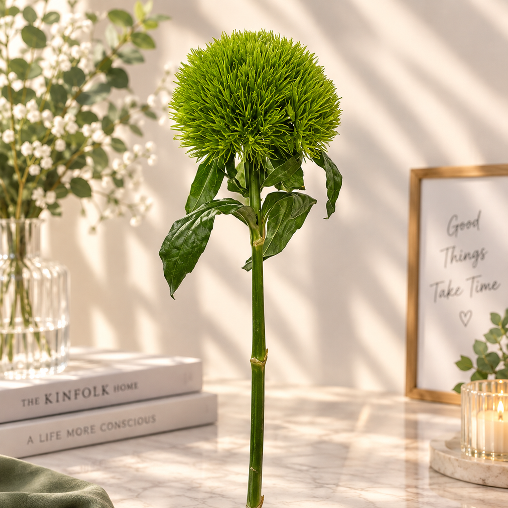Green Pom-Pom Flower in Sunlit Interior