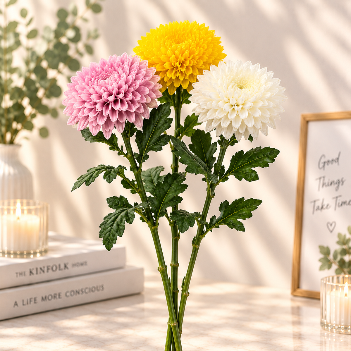 Pastel Chrysanthemums in a Sunlit Still Life