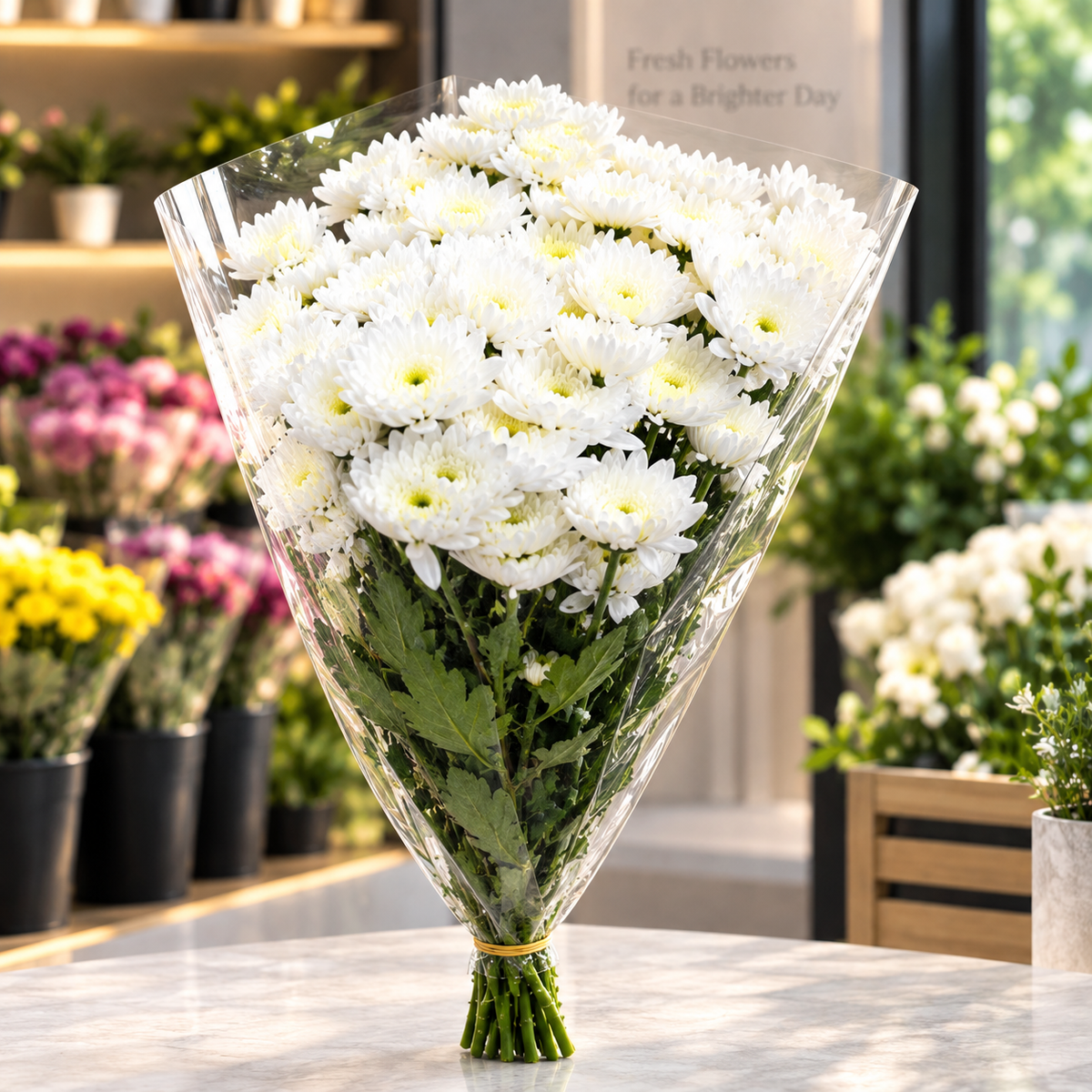 Chrysanthemum Bouquet in Clear Wrap