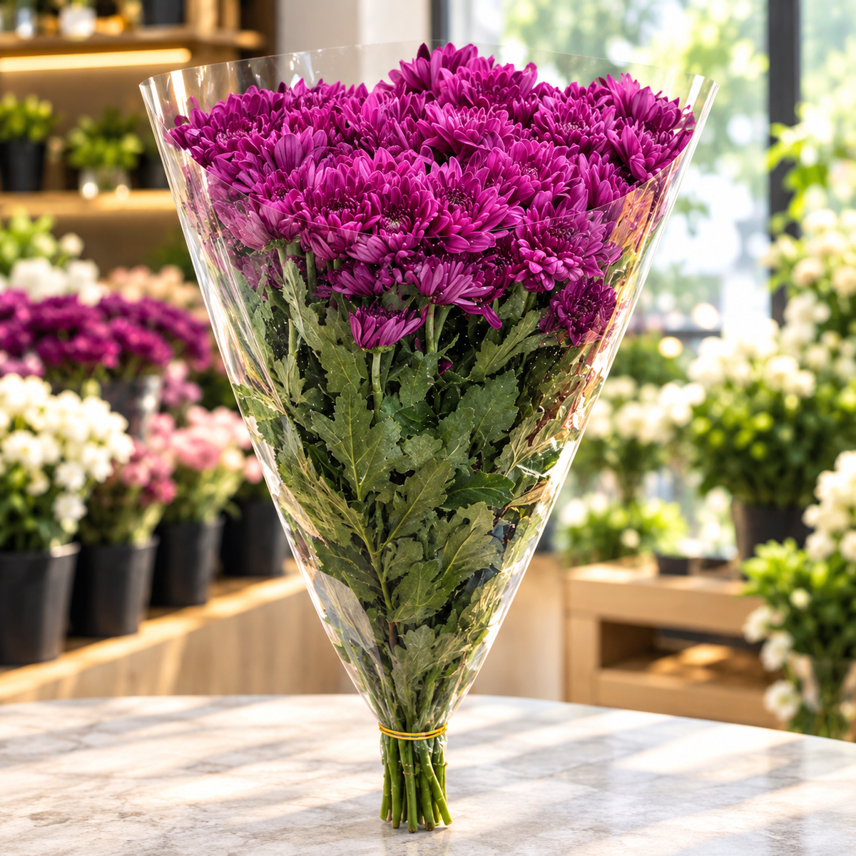Chrysanthemum Bouquet in Clear Wrap