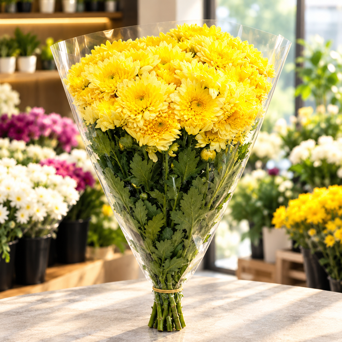 Chrysanthemum Bouquet in Clear Wrap
