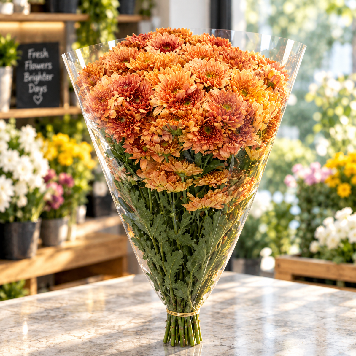 Chrysanthemum Bouquet in Clear Wrap