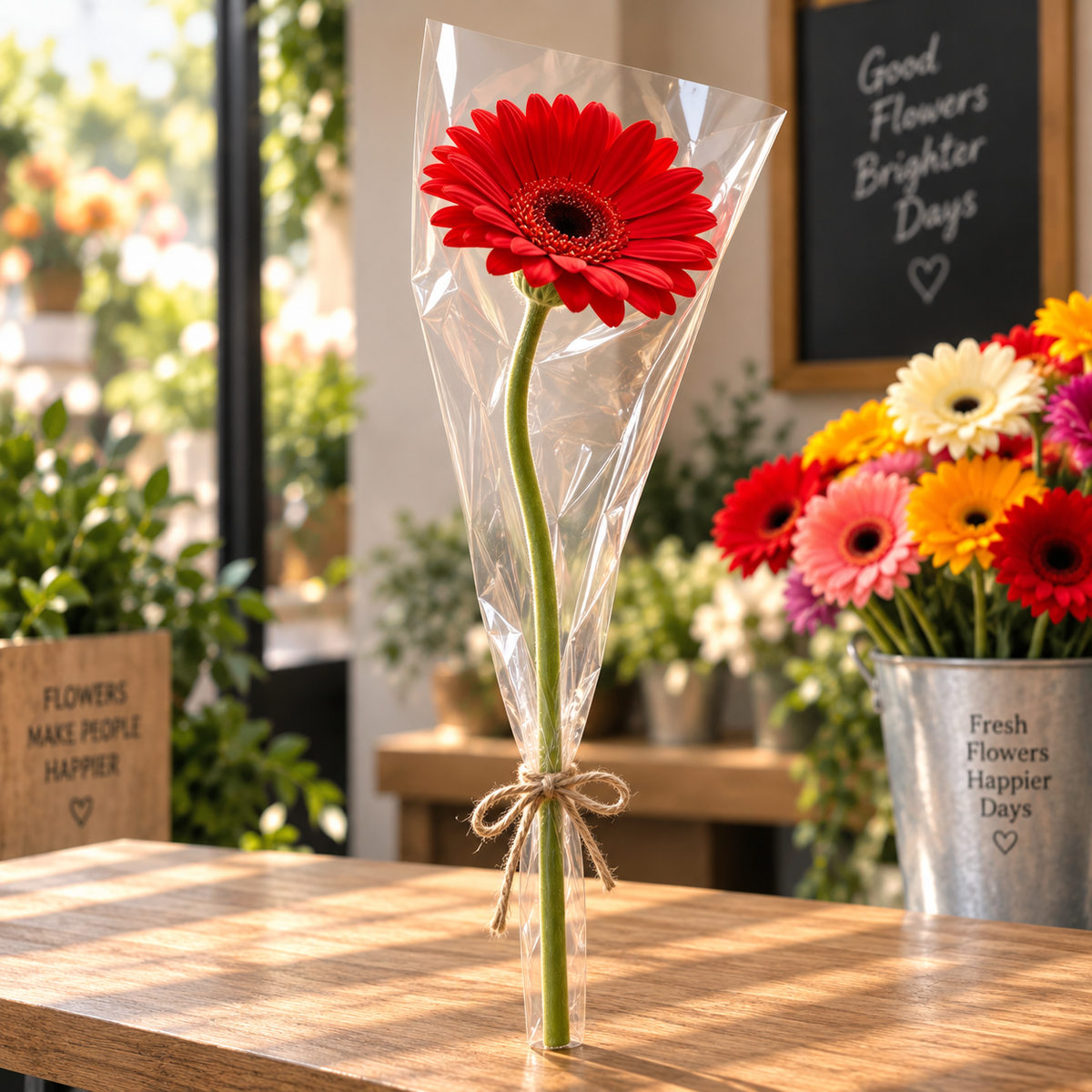 Wrapped Red Gerbera in a Florist Studio