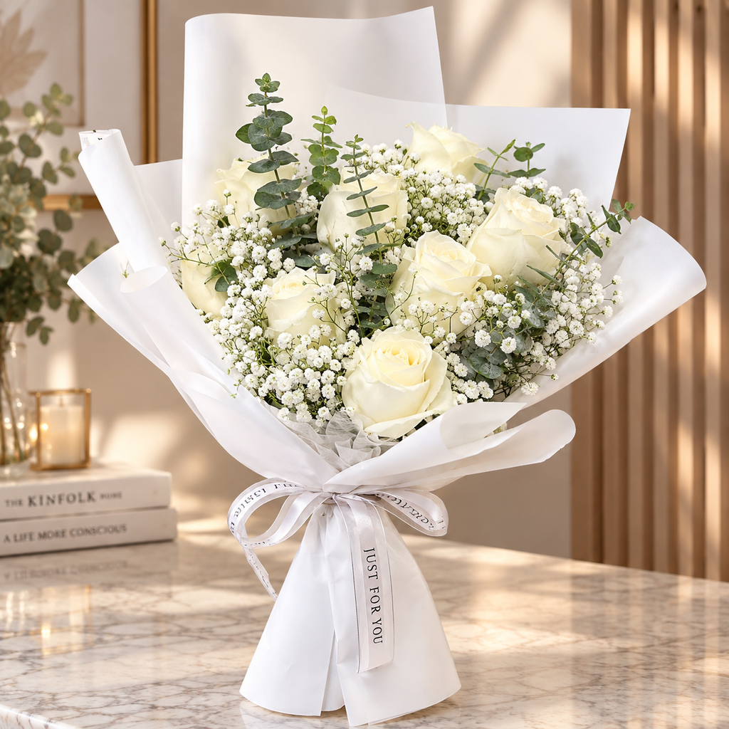 Ivory Roses and Eucalyptus Bouquet