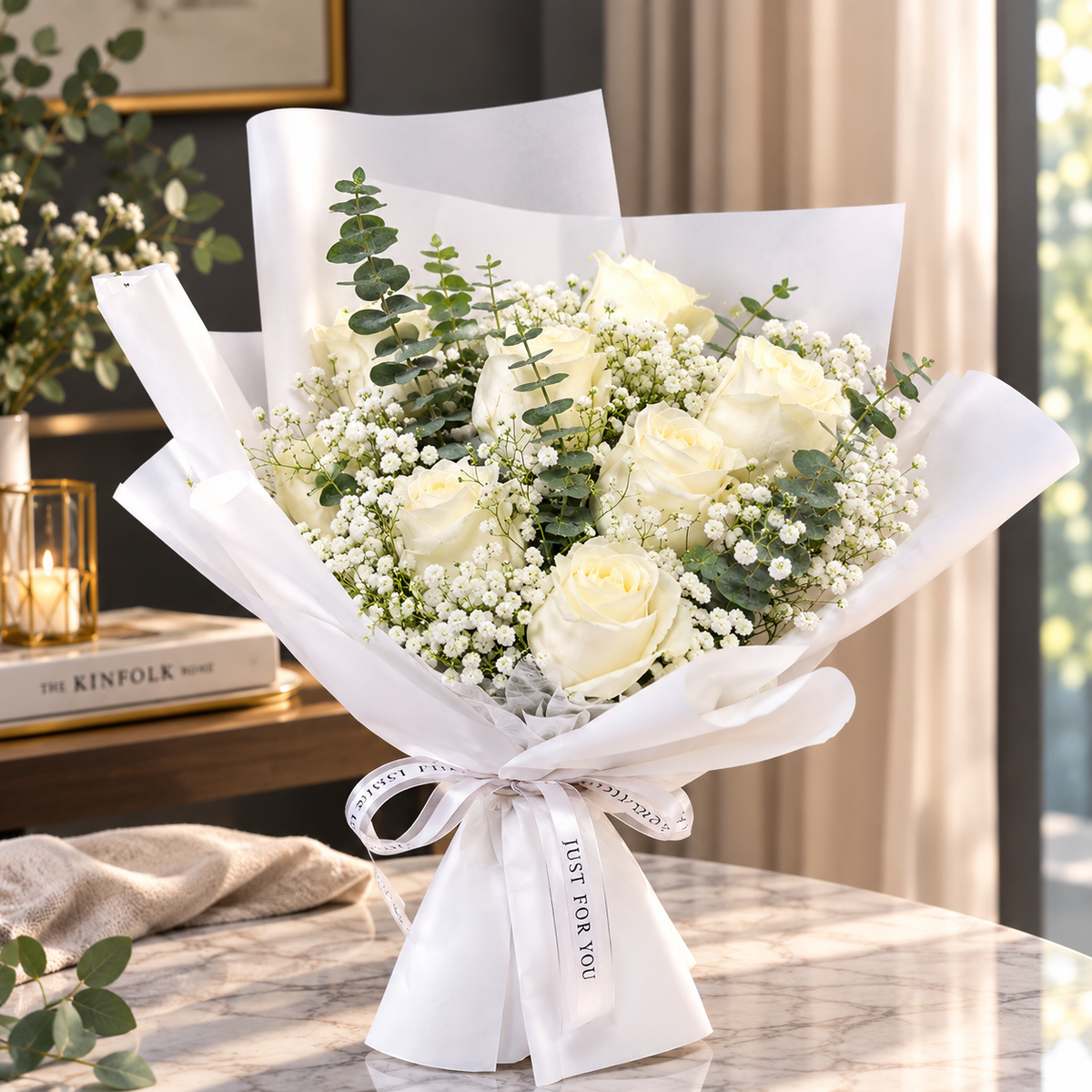 Ivory Roses and Eucalyptus Bouquet